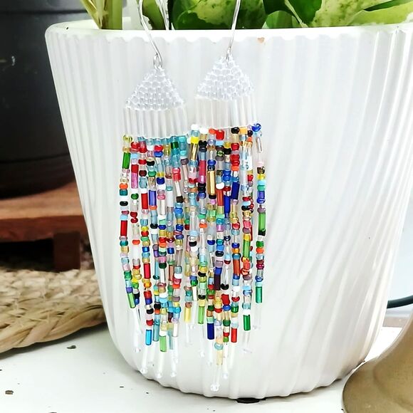 Rainbow Sprinkle Beaded Fringe Dangle Earrings, Seed Bead Boho Statement 4.25" - Picture 1 of 9